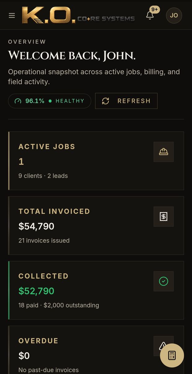 K.O. CO+RE dashboard with active jobs, invoicing, and business health score