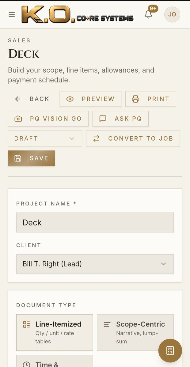 Estimate builder with PQ Vision Go and Ask PQ in the toolbar