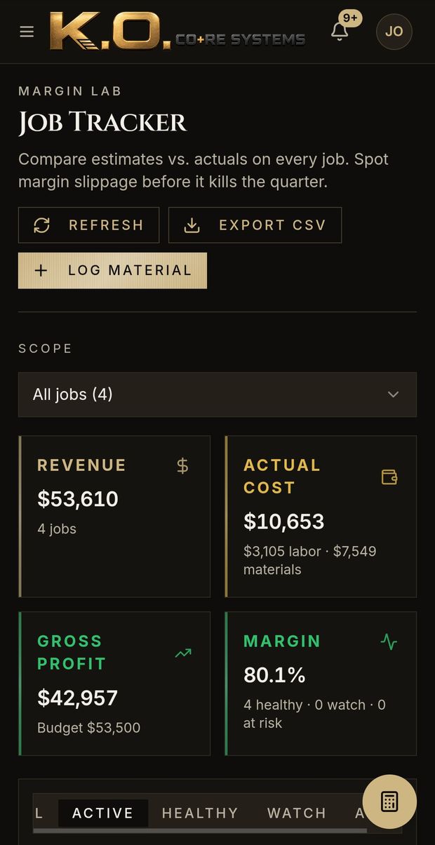 Job Tracker margin lab with revenue, actual cost, gross profit, and live margin