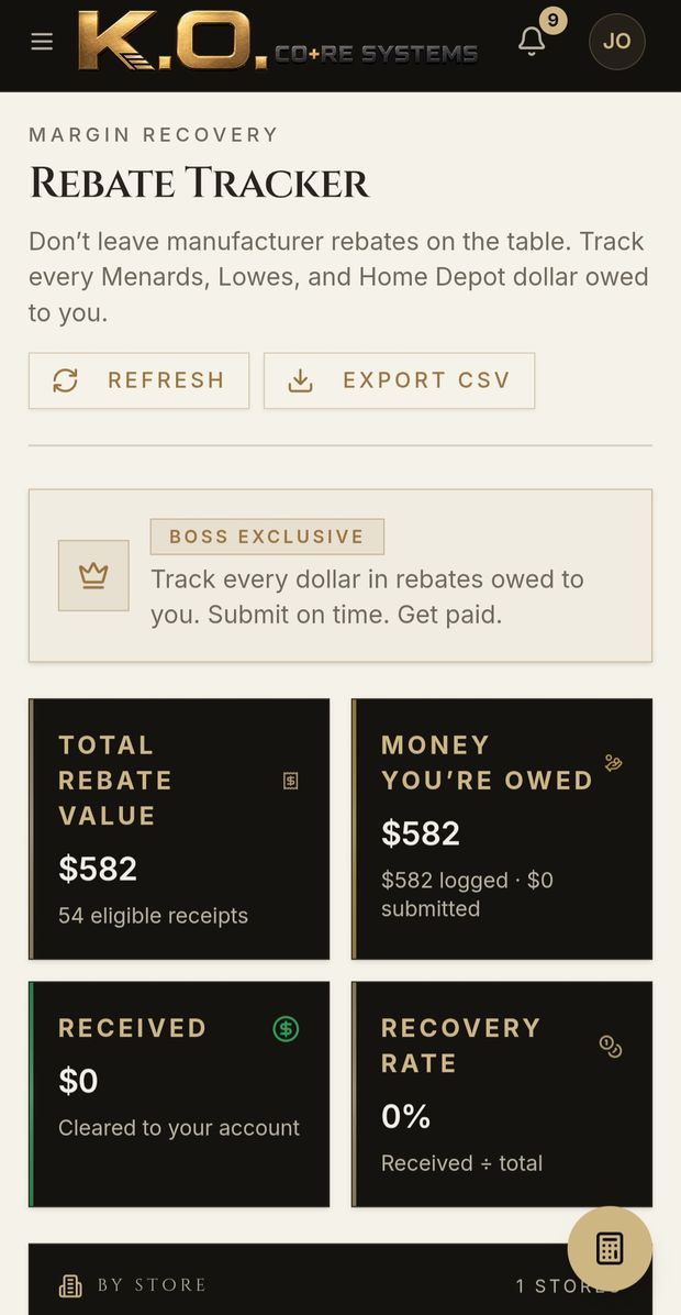 Rebate Tracker showing total rebate value and money owed